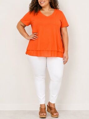JM Collection Layered V-Neck Short Sleeve Top - Orange